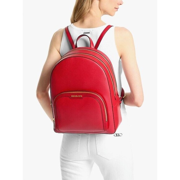 New Michael Kors Jaycee Large Pebble Leather Backpack Bright Red - Picture 1 of 3